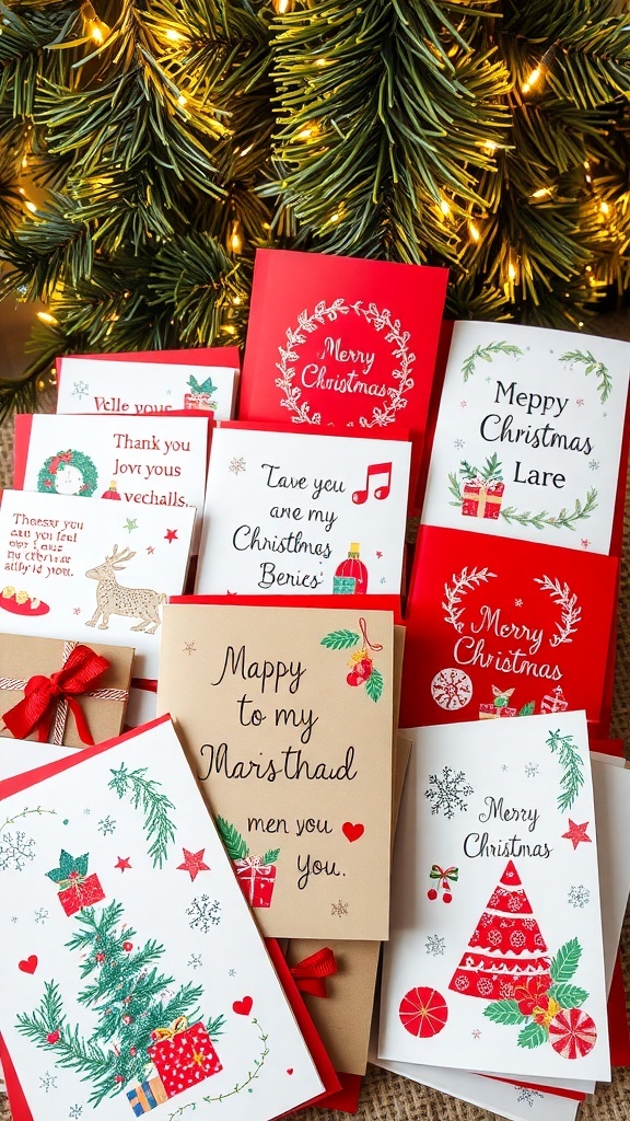 A collection of colorful Christmas cards with festive designs and messages, surrounded by holiday decorations.